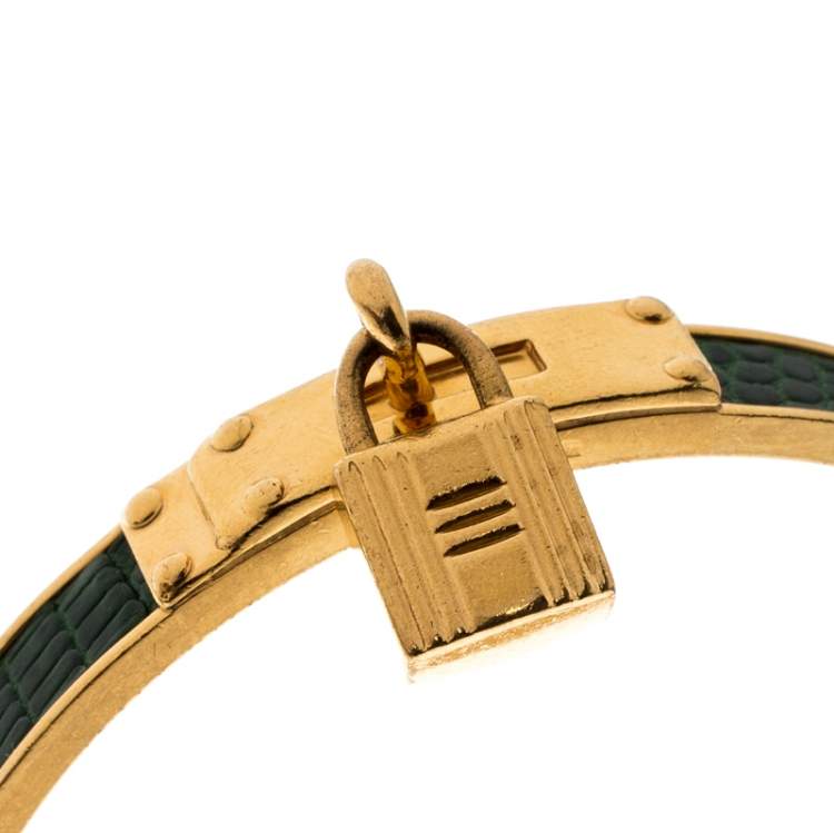 Pre Owned Hermes Kelly Lock Cadena Green Lizard Skin Gold Plated Bangle Bracelet