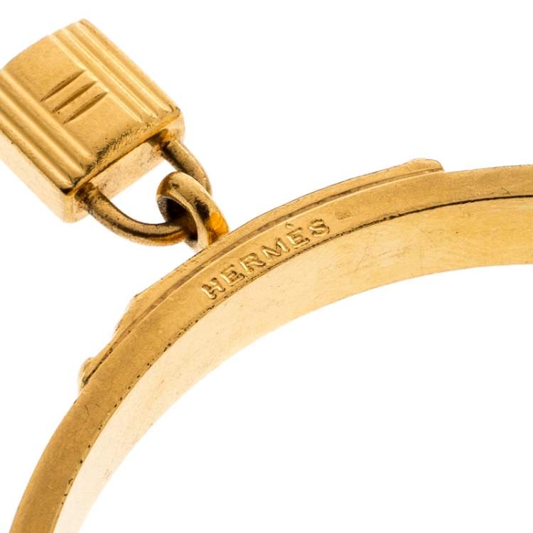 Pre Owned Hermes Kelly Lock Cadena Green Lizard Skin Gold Plated Bangle Bracelet