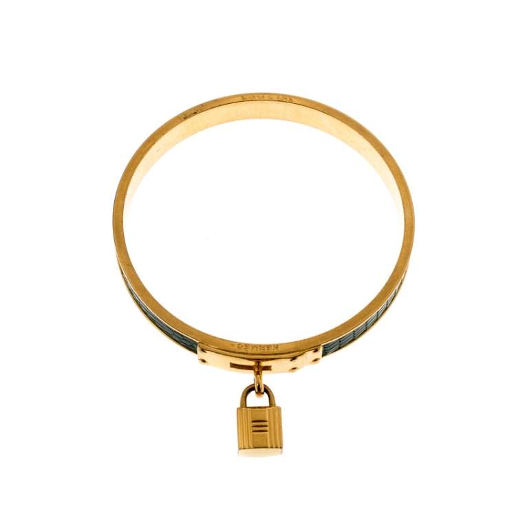 Pre Owned Hermes Kelly Lock Cadena Green Lizard Skin Gold Plated Bangle Bracelet