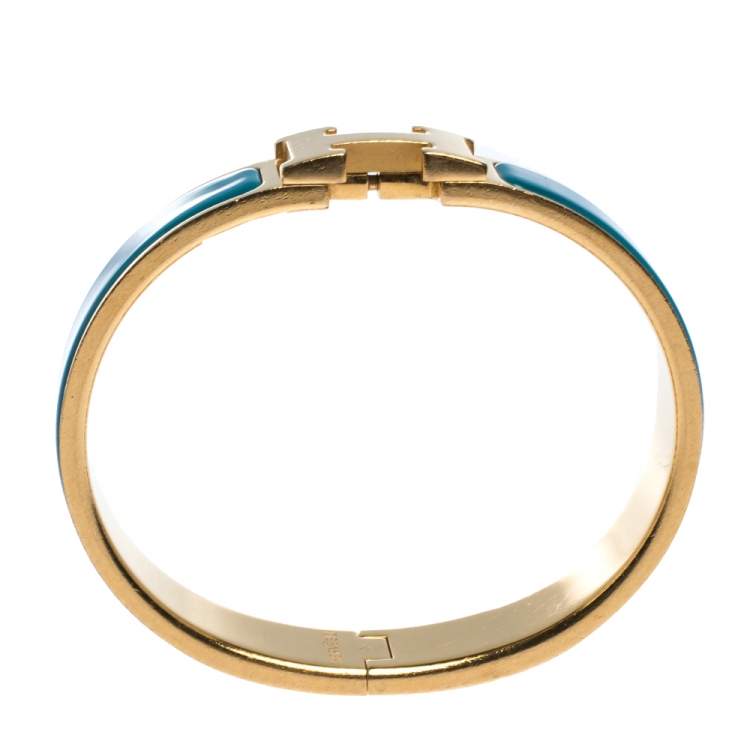 Pre Owned Hermes Clic H Blue Enamel Gold Plated Narrow Bracelet PM