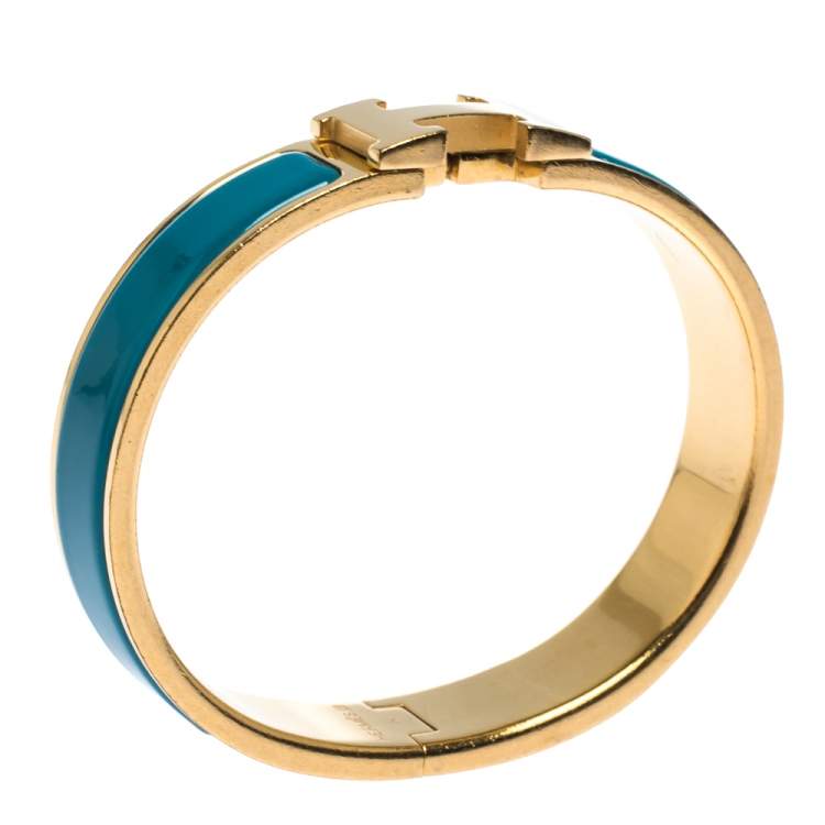Pre Owned Hermes Clic H Blue Enamel Gold Plated Narrow Bracelet PM
