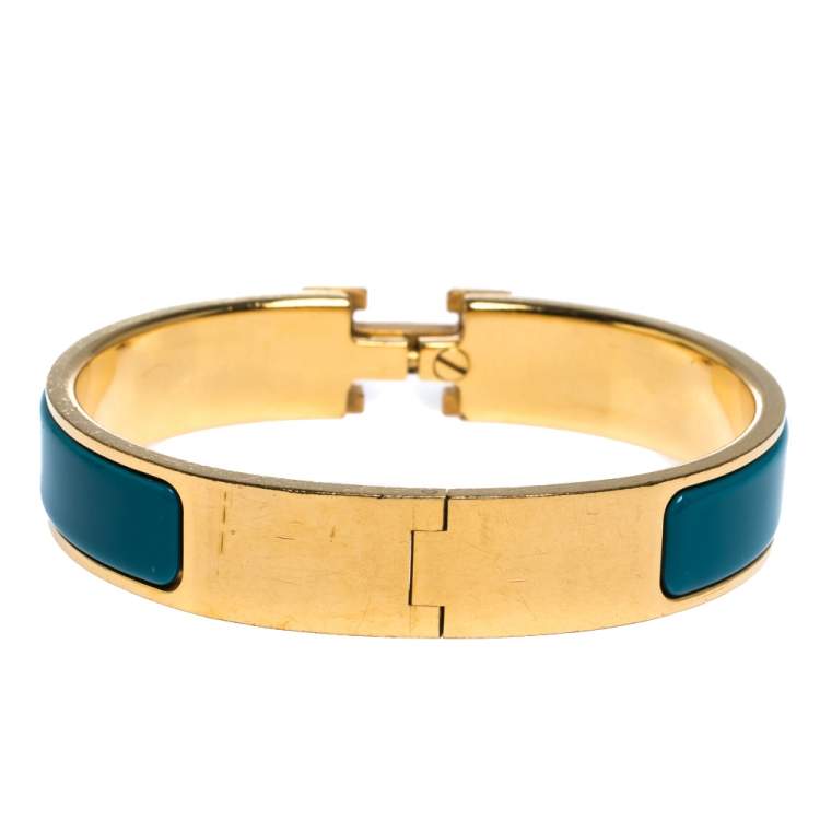 Pre Owned Hermes Clic H Blue Enamel Gold Plated Narrow Bracelet PM