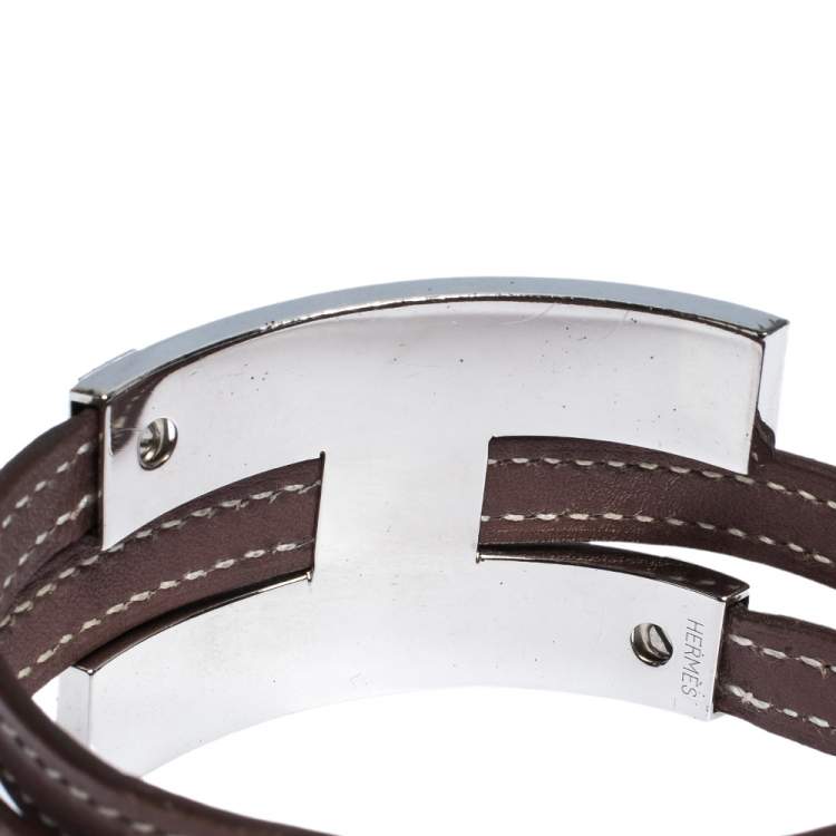 Pre Owned Hermes Pousse Pousse Leather Palladium Plated Adjustable H Bracelet