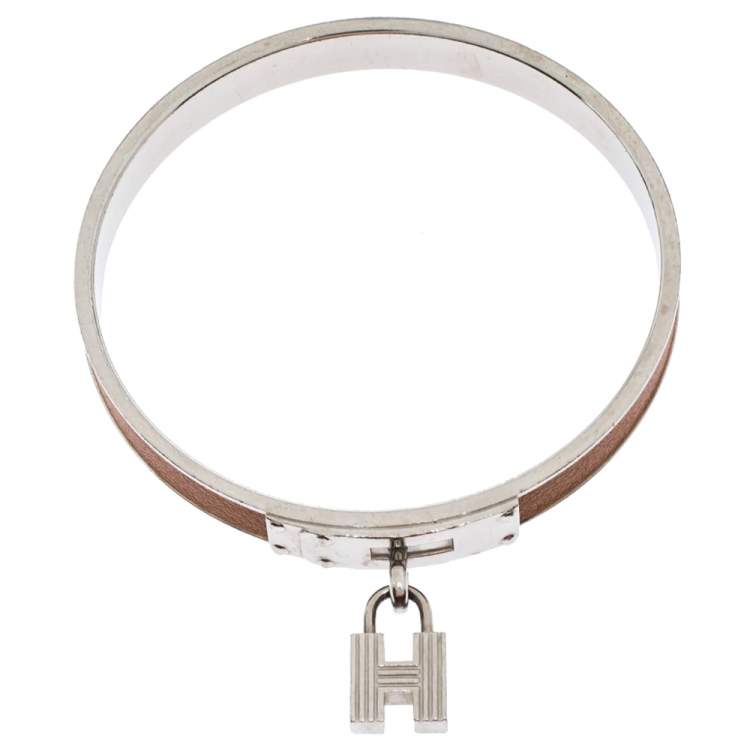Pre Owned Hermes Kelly H Lock Cadena Charm Brown Leather Palladium Plated Bangle Bracelet