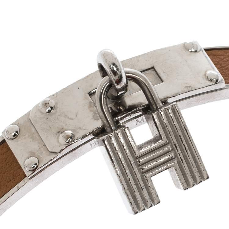 Pre Owned Hermes Kelly H Lock Cadena Charm Brown Leather Palladium Plated Bangle Bracelet
