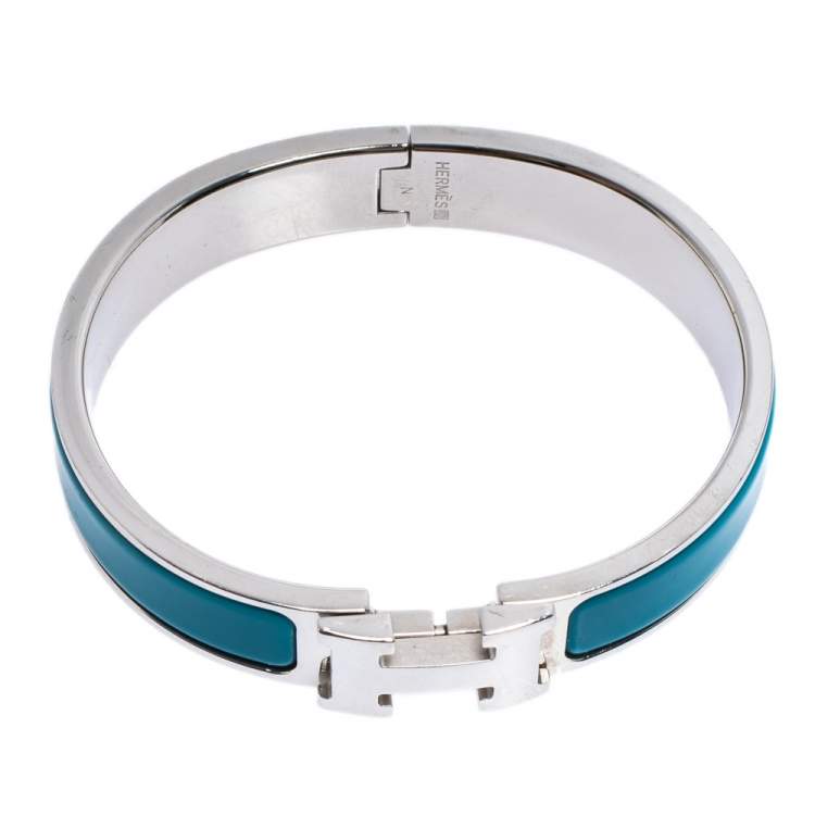 Pre Owned Hermès Clic H Blue Enamel Palladium Plated Narrow Bracelet PM