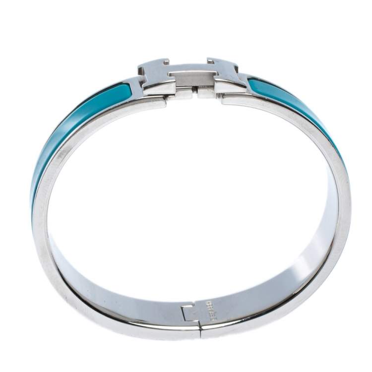 Pre Owned Hermès Clic H Blue Enamel Palladium Plated Narrow Bracelet PM