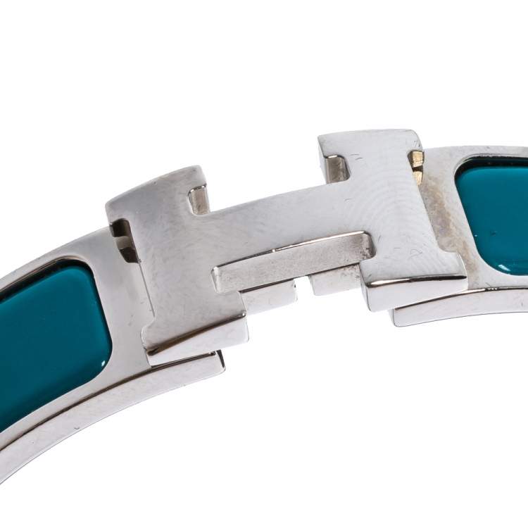 Pre Owned Hermès Clic H Blue Enamel Palladium Plated Narrow Bracelet PM