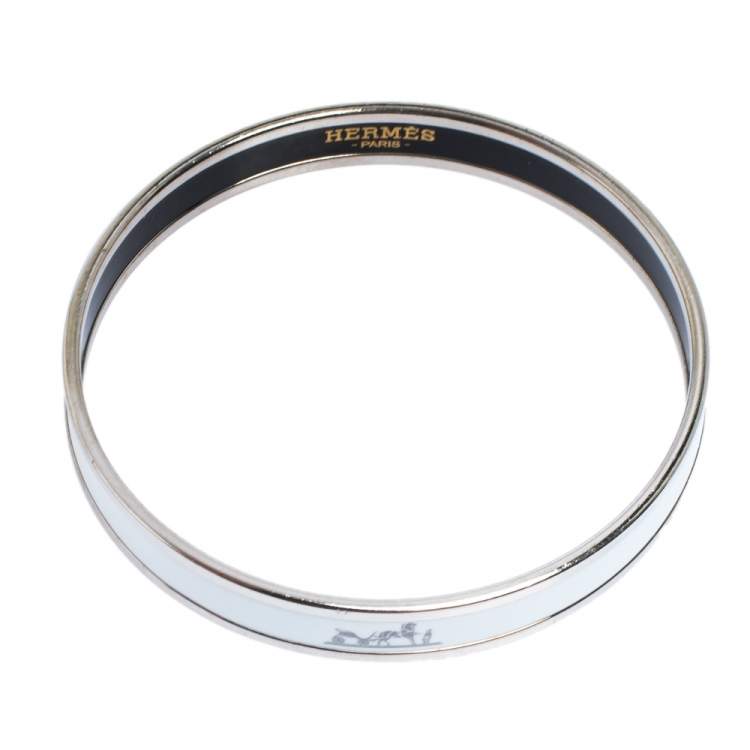 Pre Owned Hermes Caleche White Enamel Palladium Plated Narrow Bangle Bracelet