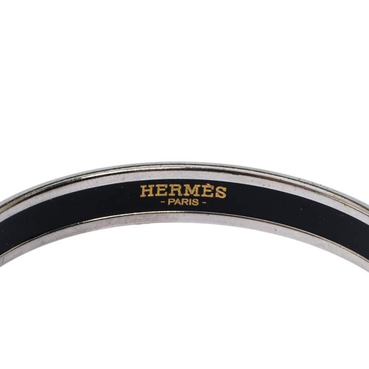 Pre Owned Hermes Caleche White Enamel Palladium Plated Narrow Bangle Bracelet