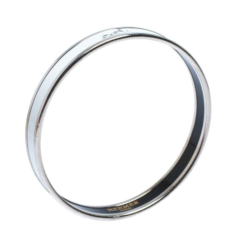 Pre Owned Hermes Caleche White Enamel Palladium Plated Narrow Bangle Bracelet