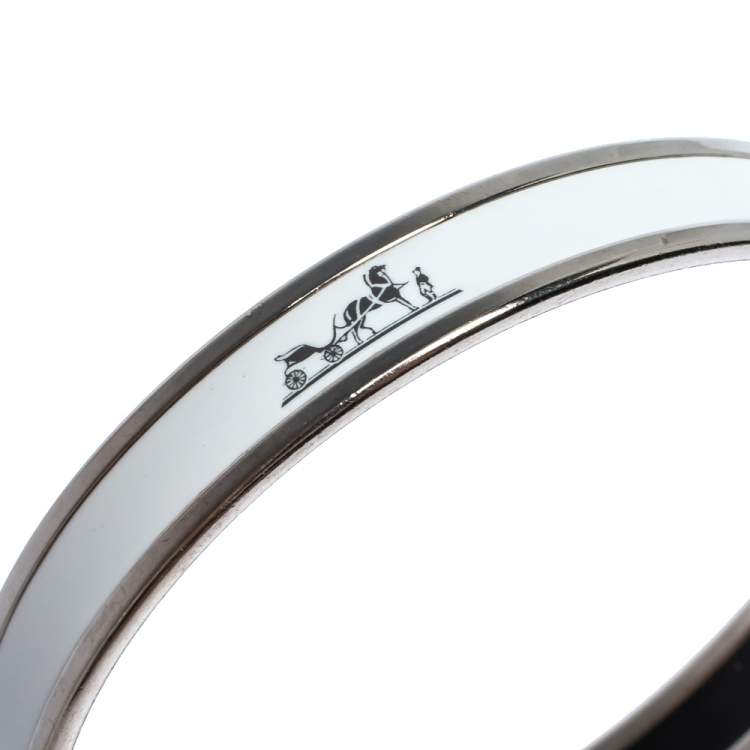 Pre Owned Hermes Caleche White Enamel Palladium Plated Narrow Bangle Bracelet