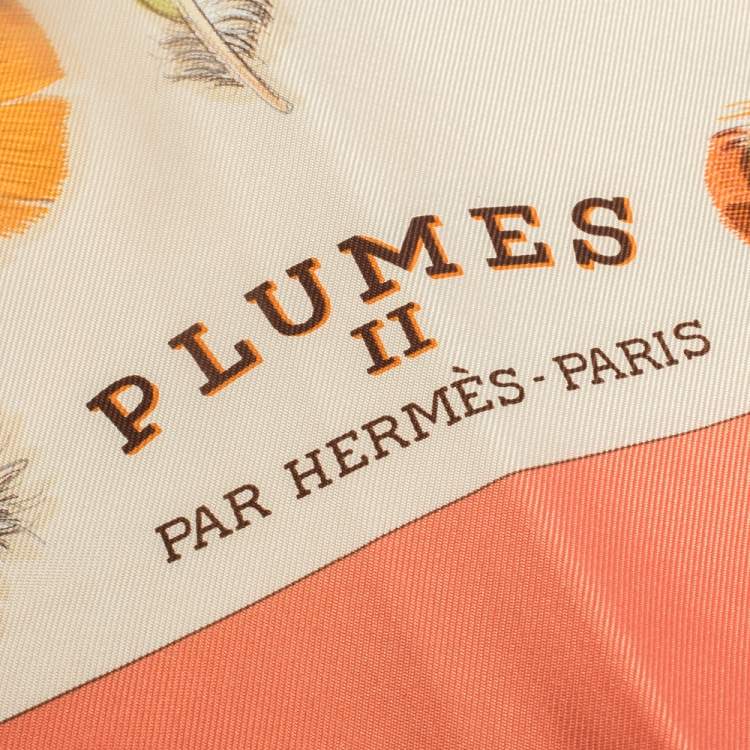 Pre Owned Hermes Coral & Beige Plumes II Print Silk Scarf