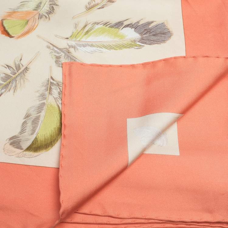 Pre Owned Hermes Coral & Beige Plumes II Print Silk Scarf