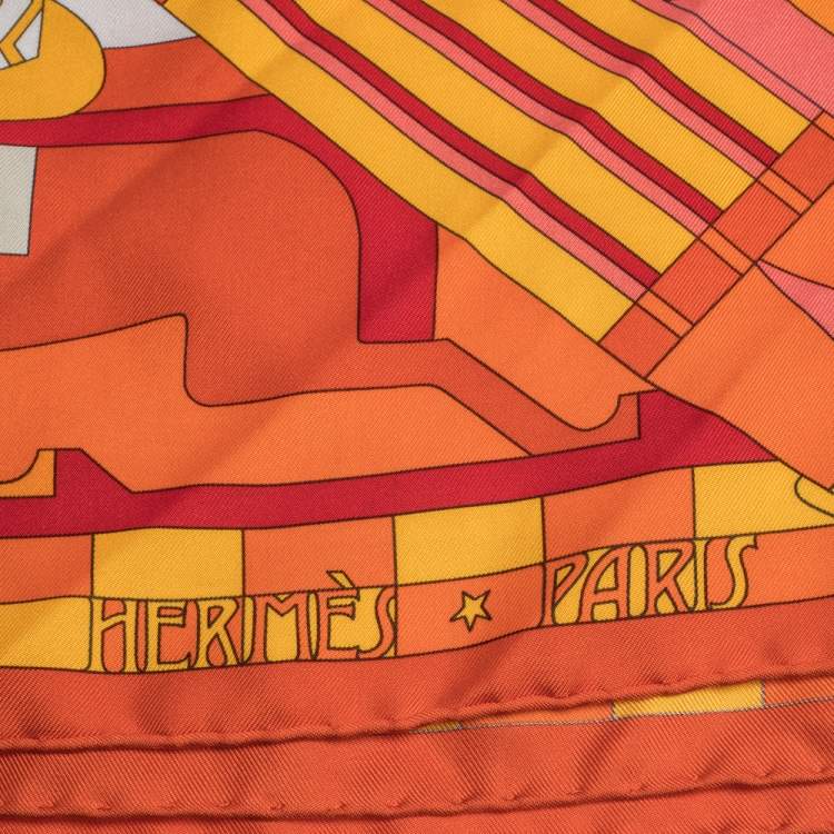 Pre Owned Hermes Orange Steeple Chase Print Silk Scarf