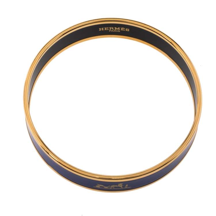 Pre Owned Hermes Caleche Blue Enamel Gold Plated Narrow Bangle Bracelet