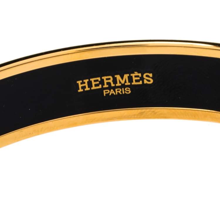 Pre Owned Hermes Caleche Blue Enamel Gold Plated Narrow Bangle Bracelet