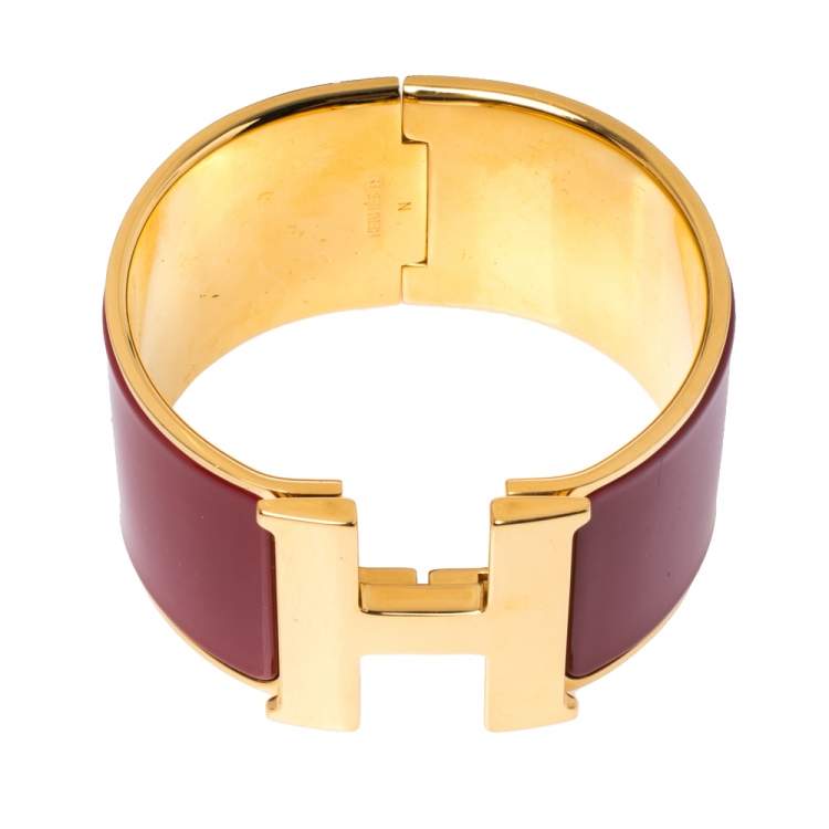 مملوكة مسبقًا Hermes Clic Clac H Extra Wide Red Enamel Gold Plated Bracelet PM