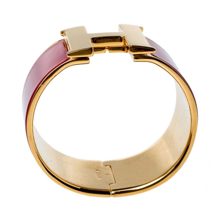 مملوكة مسبقًا Hermes Clic Clac H Extra Wide Red Enamel Gold Plated Bracelet PM