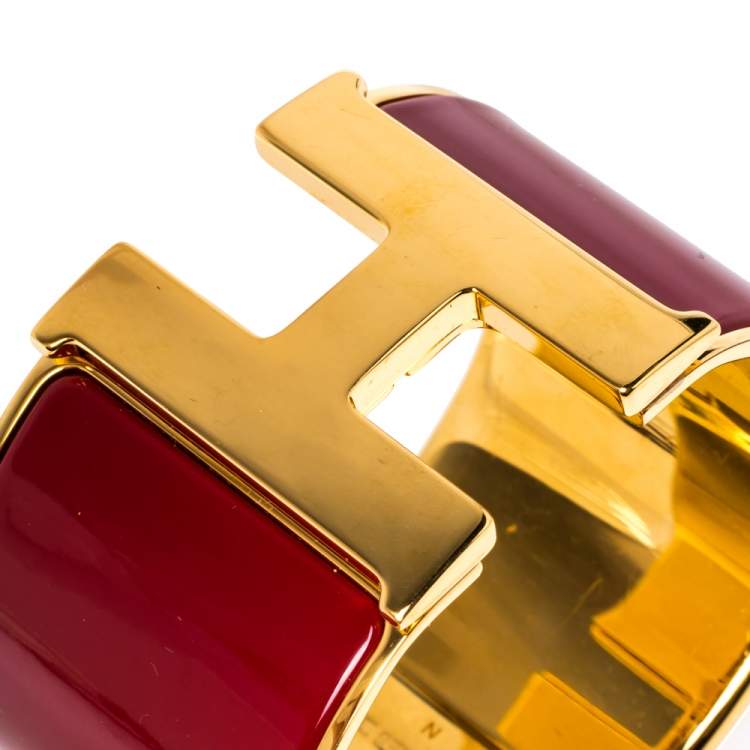 مملوكة مسبقًا Hermes Clic Clac H Extra Wide Red Enamel Gold Plated Bracelet PM