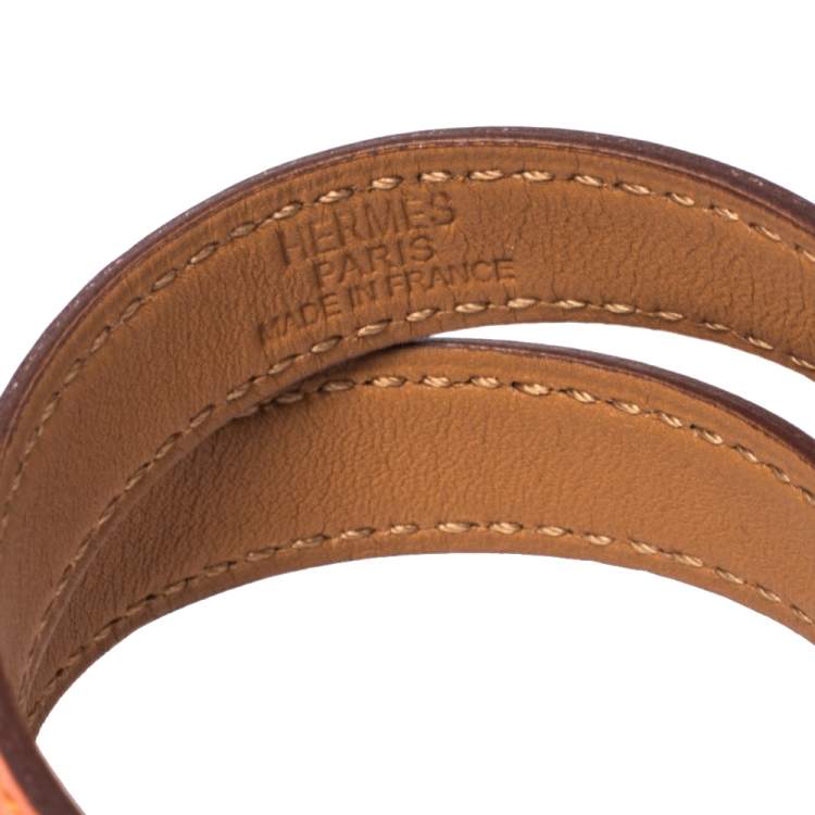 Pre Owned Hermes Kelly Orange Leather Double Tour Wrap Bracelet M