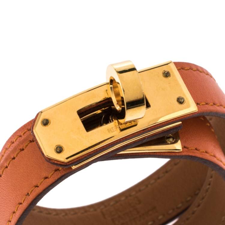 Pre Owned Hermes Kelly Orange Leather Double Tour Wrap Bracelet M