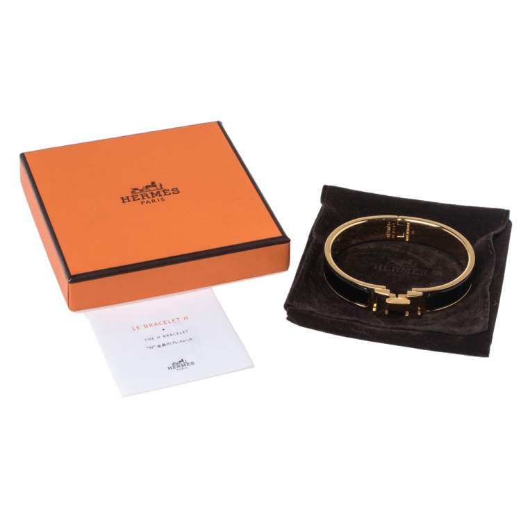 Pre Owned Hermes Clic H Black Enamel Gold Plated Narrow Bracelet PM