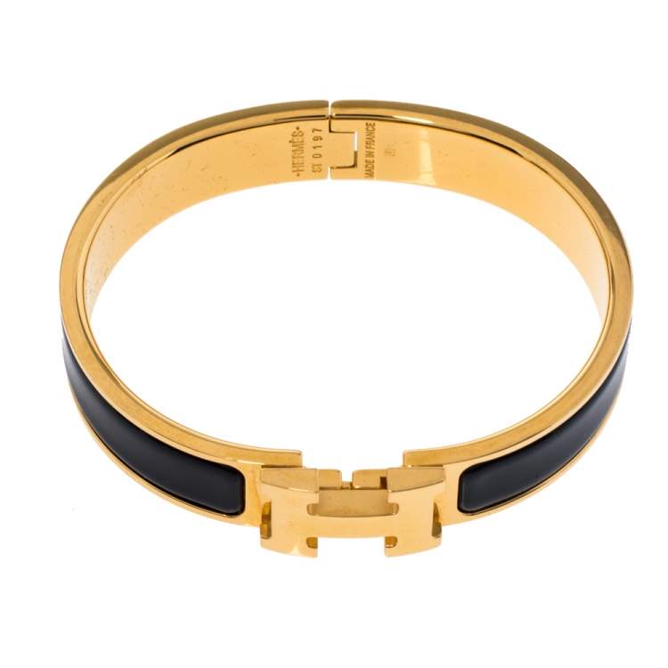 Pre Owned Hermes Clic H Black Enamel Gold Plated Narrow Bracelet PM