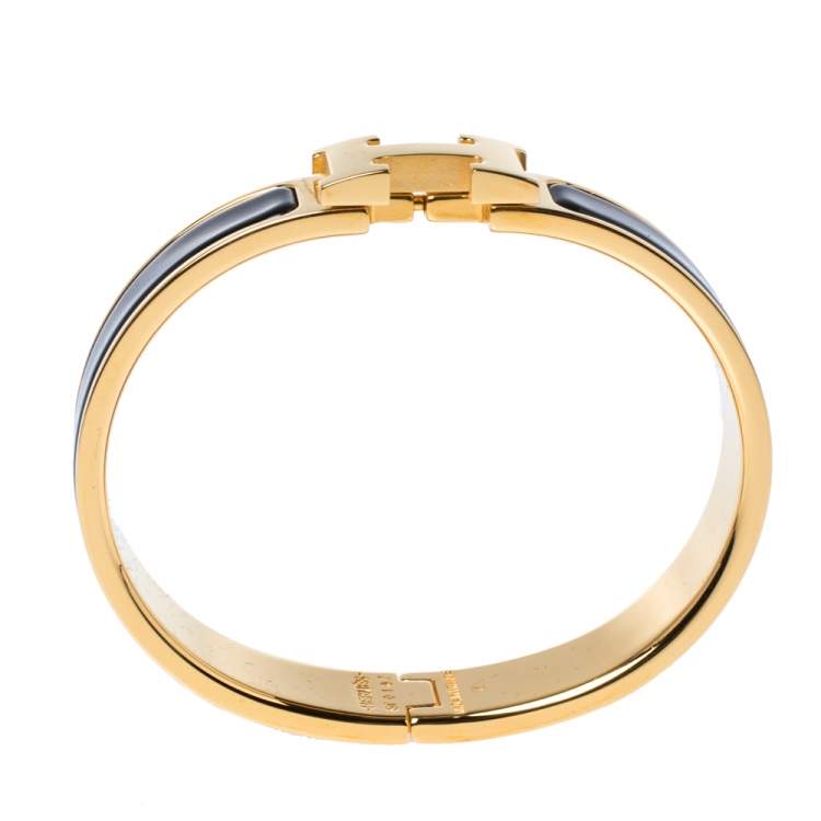 Pre Owned Hermes Clic H Black Enamel Gold Plated Narrow Bracelet PM