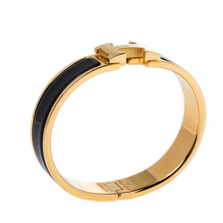 Pre Owned Hermes Clic H Black Enamel Gold Plated Narrow Bracelet PM