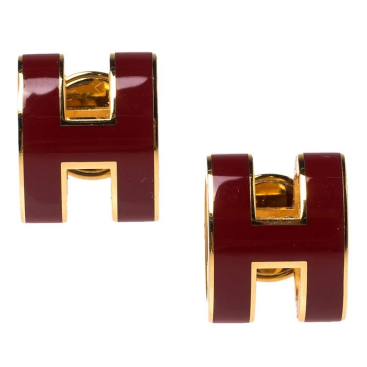 Pre Owned Hermes Pop H Red Lacquered Gold Plated Stud Earrings