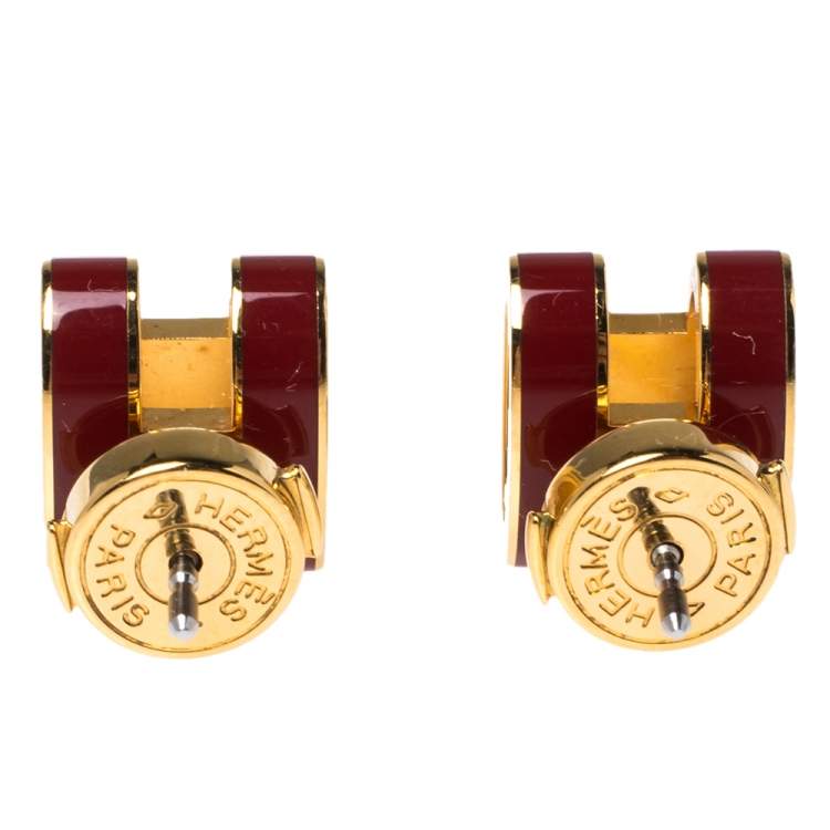 Pre Owned Hermes Pop H Red Lacquered Gold Plated Stud Earrings