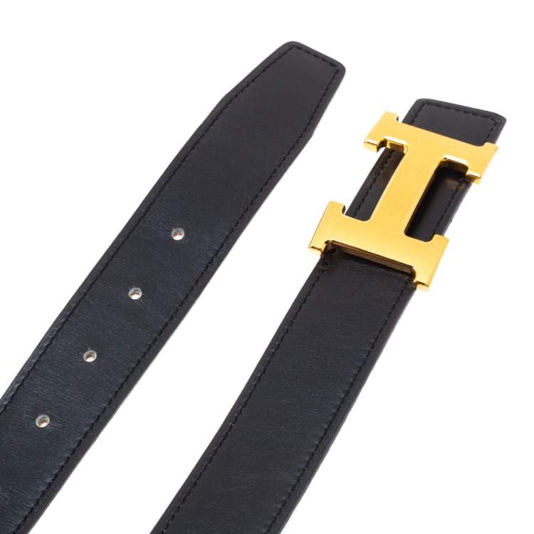 Pre Owned Hermes Black/Brown Leather Constance Reversible Buckle Belt 80CM