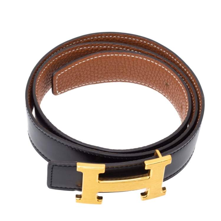 Pre Owned Hermes Black/Brown Leather Constance Reversible Buckle Belt 80CM