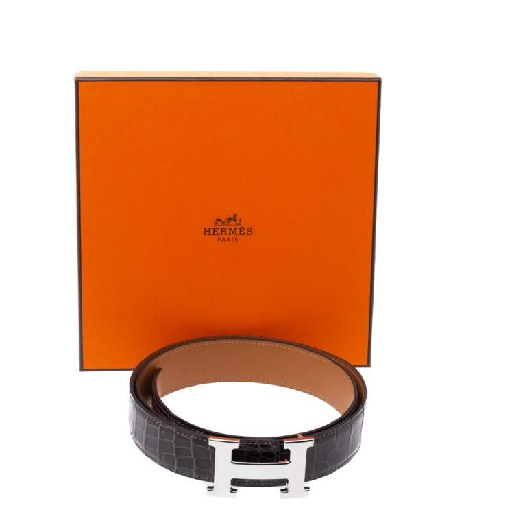 Pre Owned Hermes Dark Brown Crocodile Constance H Buckle Belt 90CM