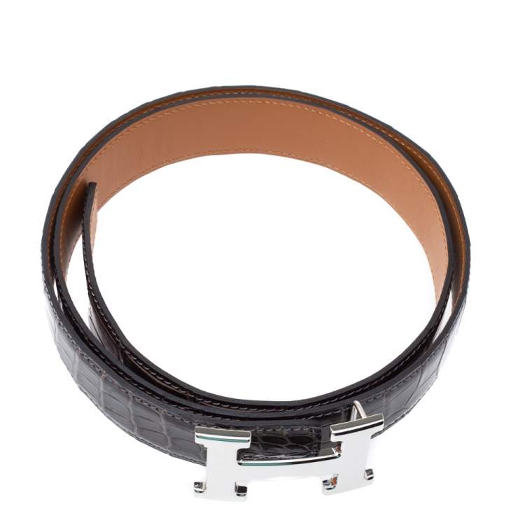 Pre Owned Hermes Dark Brown Crocodile Constance H Buckle Belt 90CM
