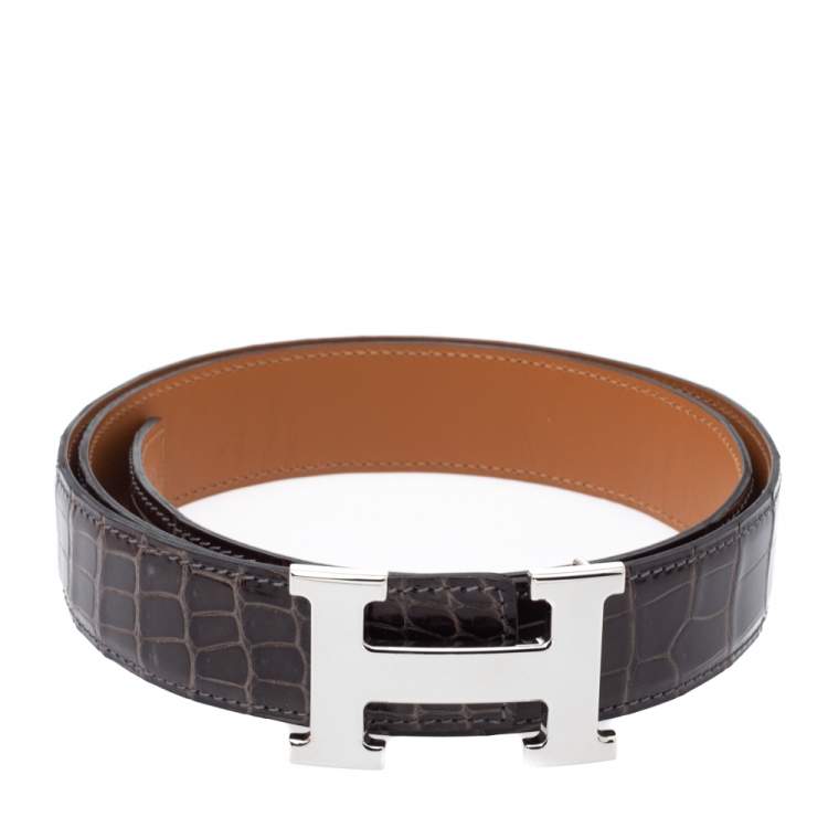 Pre Owned Hermes Dark Brown Crocodile Constance H Buckle Belt 90CM
