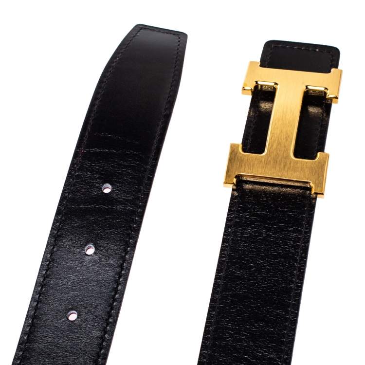 Pre Owned Hermes Black/Rogue Calf Leather Constance Reversible Belt 80CM