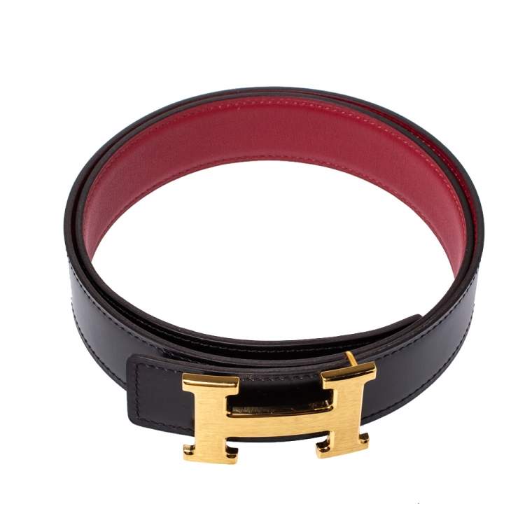 Pre Owned Hermes Black/Rogue Calf Leather Constance Reversible Belt 80CM