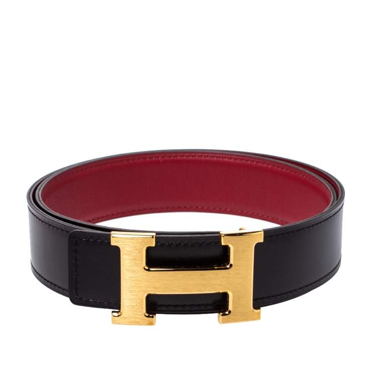 Pre Owned Hermes Black/Rogue Calf Leather Constance Reversible Belt 80CM