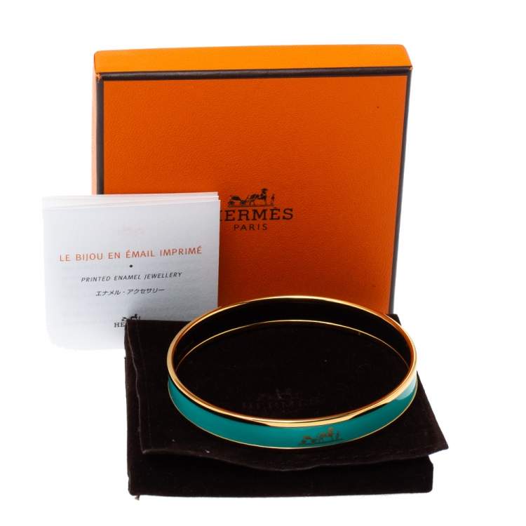 Pre Owned Hermès Calèche Green Enamel Gold Plated Bangle Bracelet