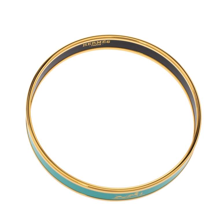 Pre Owned Hermès Calèche Green Enamel Gold Plated Bangle Bracelet