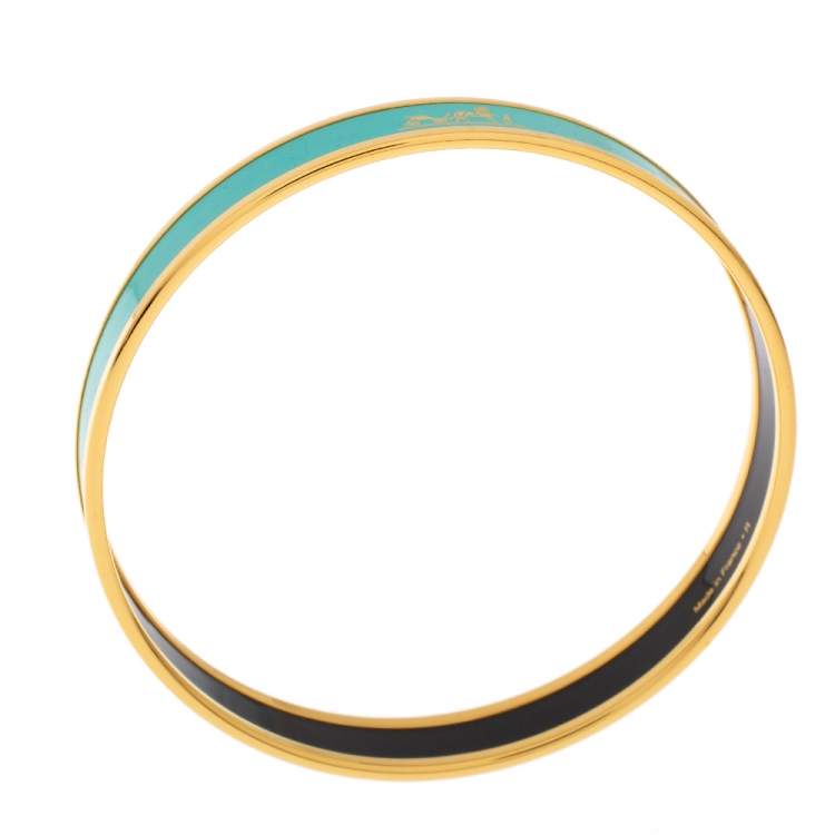 Pre Owned Hermès Calèche Green Enamel Gold Plated Bangle Bracelet