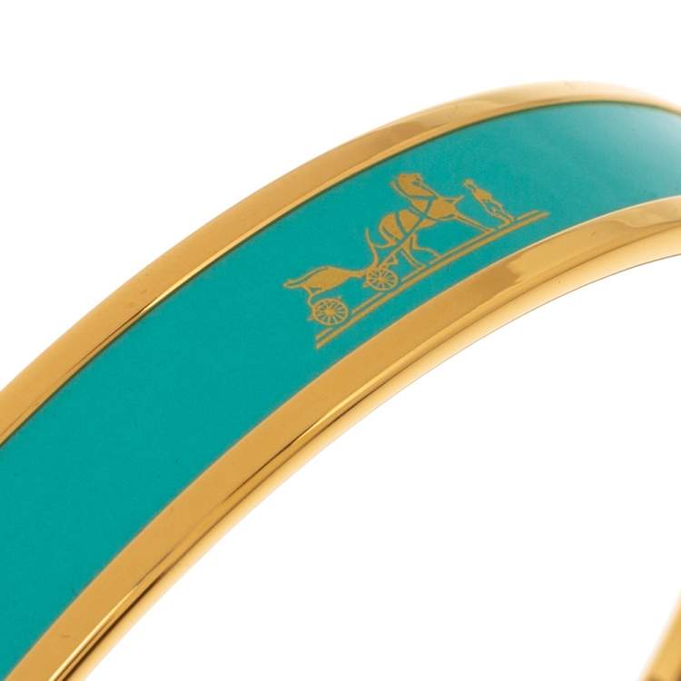 Pre Owned Hermès Calèche Green Enamel Gold Plated Bangle Bracelet
