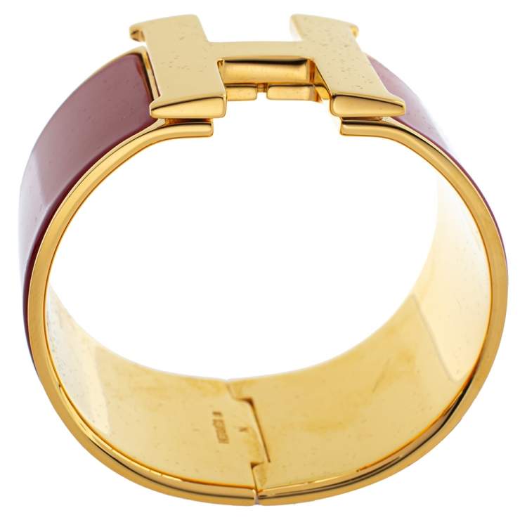 Pre Owned Hermès Clic Clac H Red Enamel Gold Plated Extra Wide Bracelet