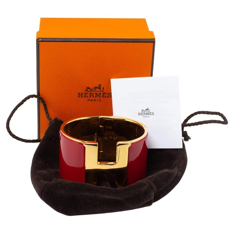 Pre Owned Hermès Clic Clac H Red Enamel Gold Plated Extra Wide Bracelet