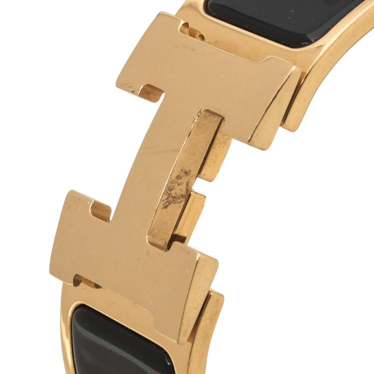 Pre Owned Hermes Clic Clac H Black Enamel Gold Plated Bracelet PM