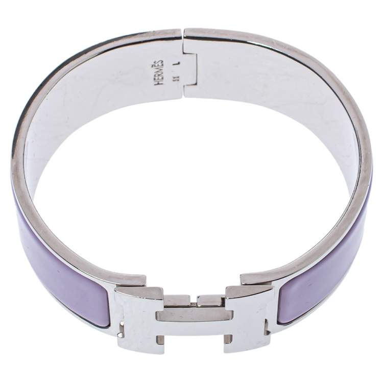 Pre Owned Hermès Clic Clac H Lavender Enamel Palladium Plated Wide Bracelet PM