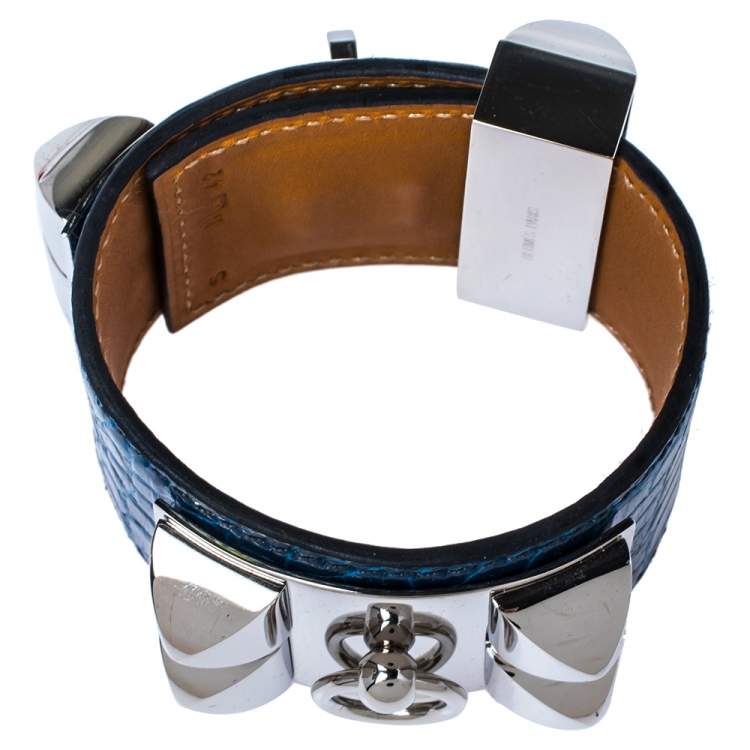 Pre Owned Hermès Blue Alligator Leather Collier de Chien Cuff Bracelet S