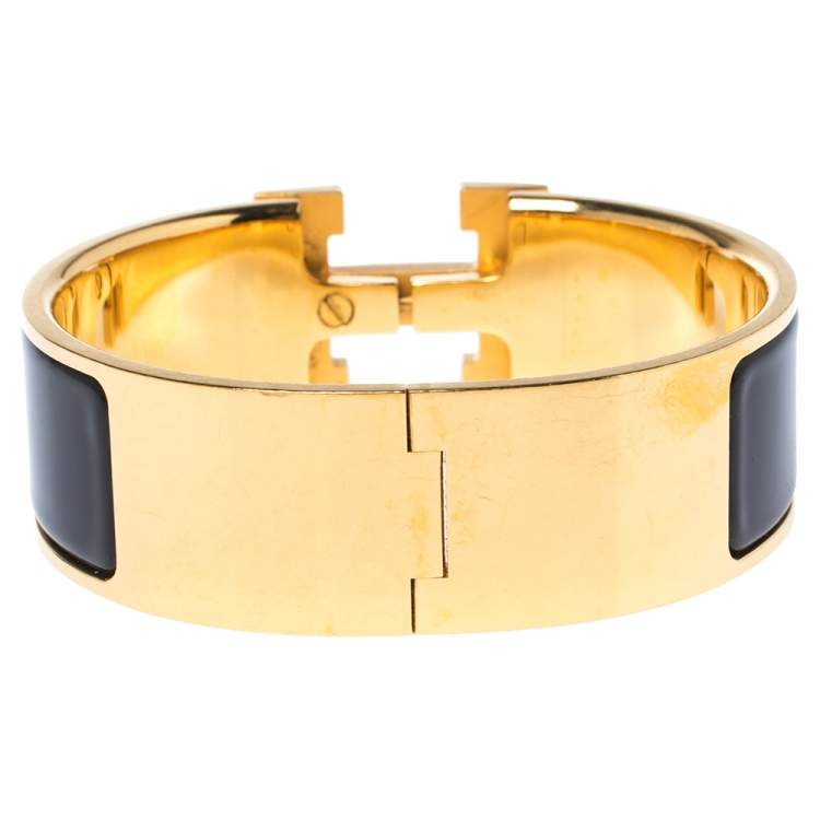 Pre Owned Hermes Clic Clac H Black Enamel Gold Plated Wide Bracelet PM
